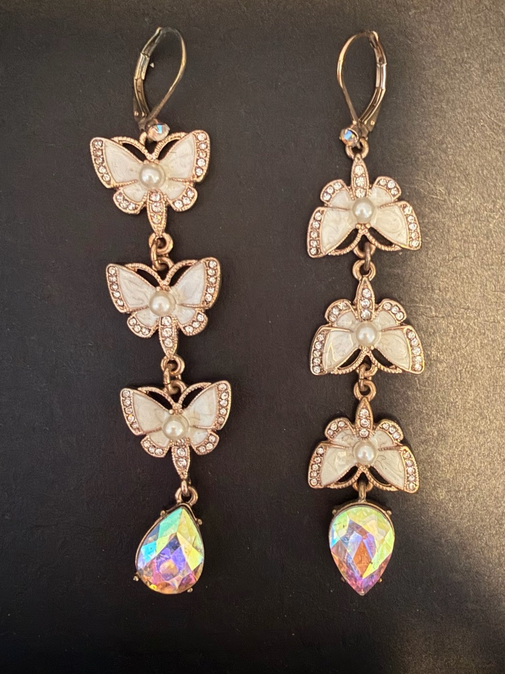 Betsey Johnson Rose Gold White Butterfly & Flower Drop Earrings